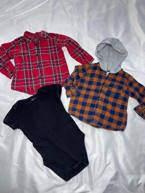 Red Plaid Button-Down, Blue-Brown Hooded Flannel & Black Bodysuit Set bundle